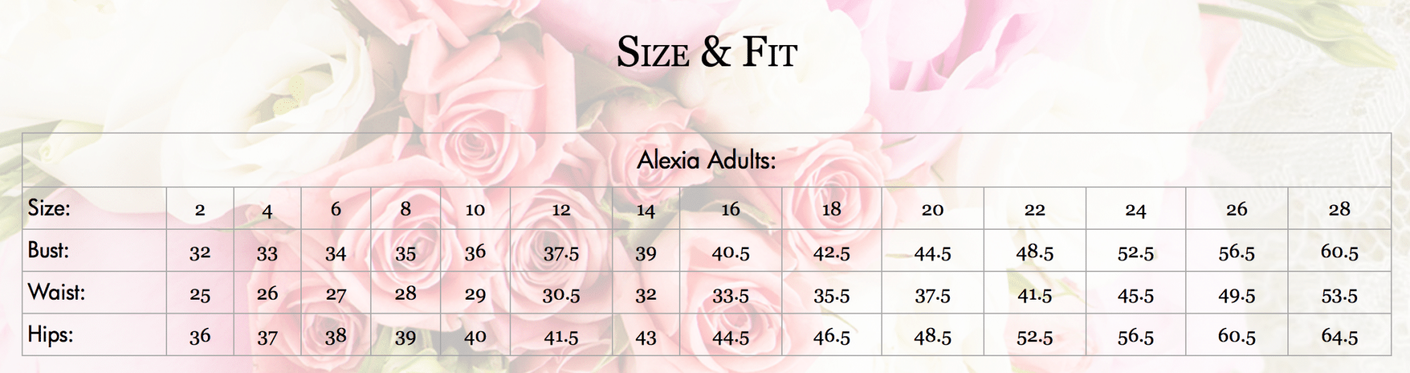 Alexia Bridesmaid Size Chart