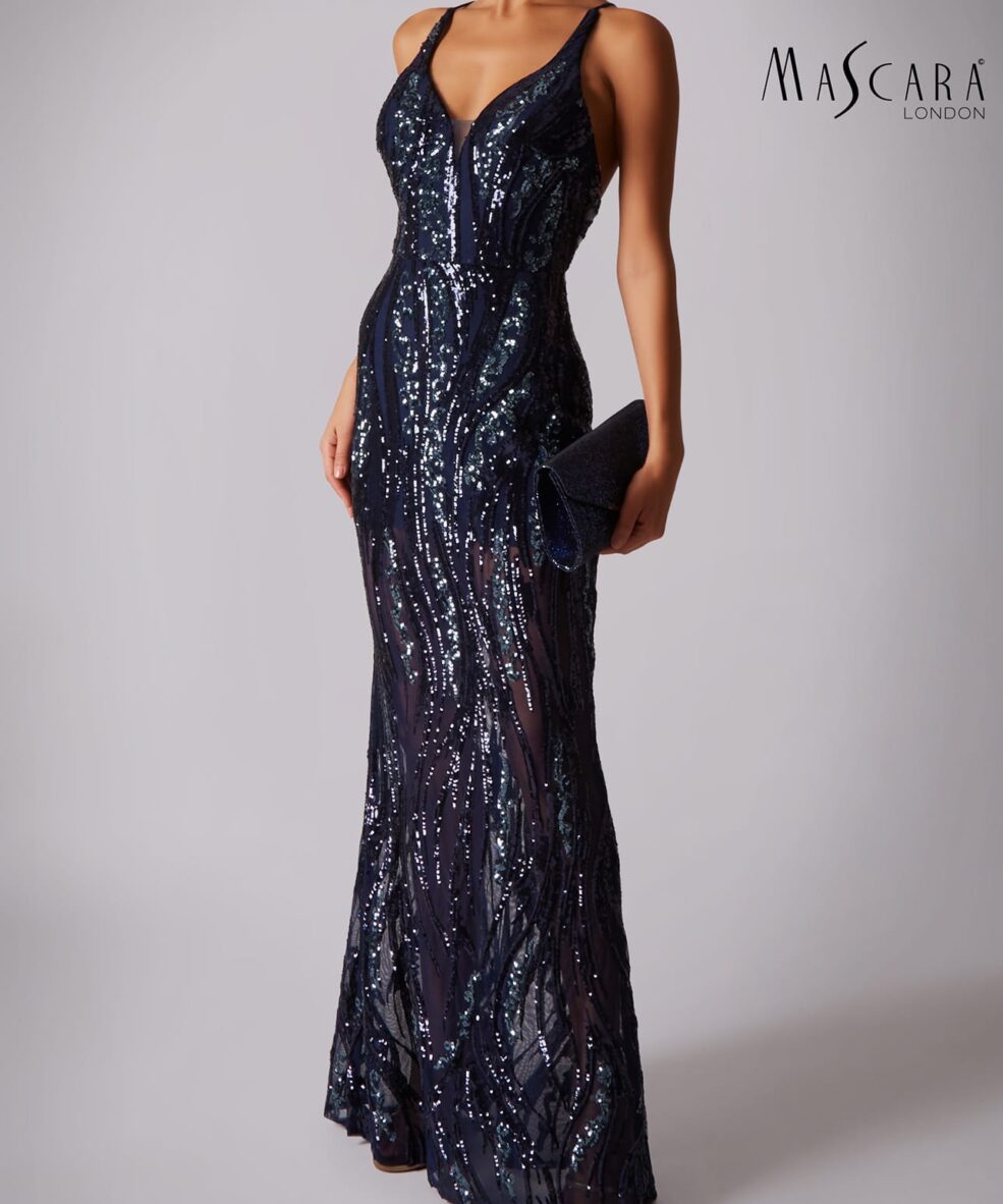 Mascara Spaghetti Sequins Navy Dress