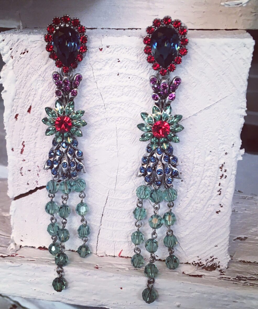OTAZU Multicoloured Peacock Statement Crystal Chandelier Earrings