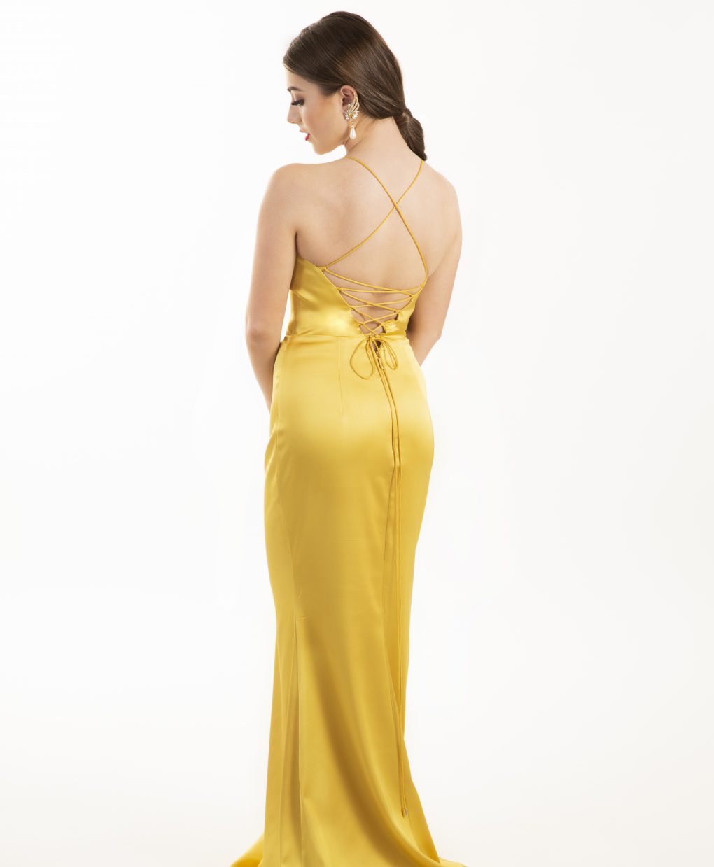 Bariano Strappy Satin Mustard Gown Alila