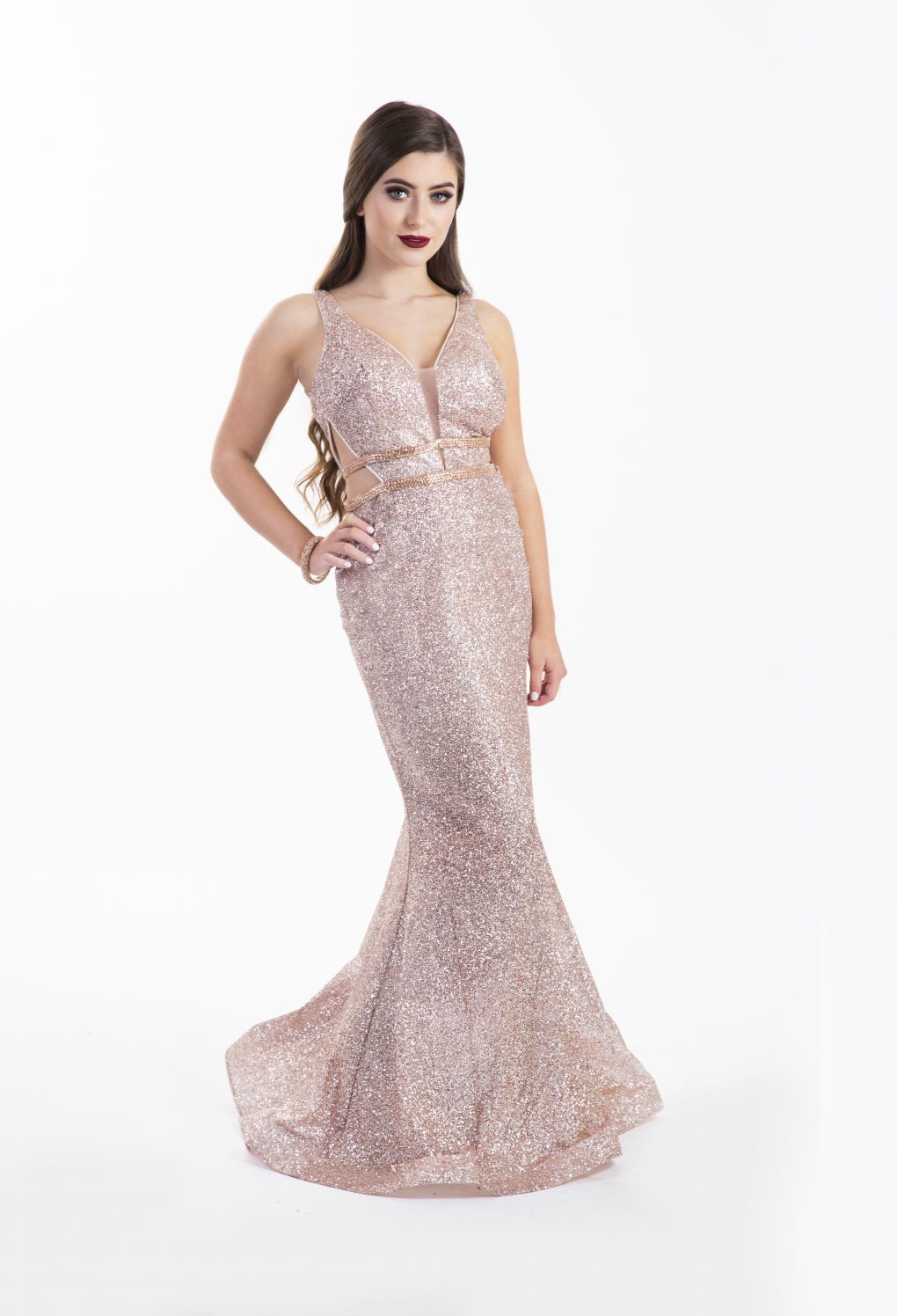 Chloe Ormond Rose Gold Glitter Cut Out Gown Alila