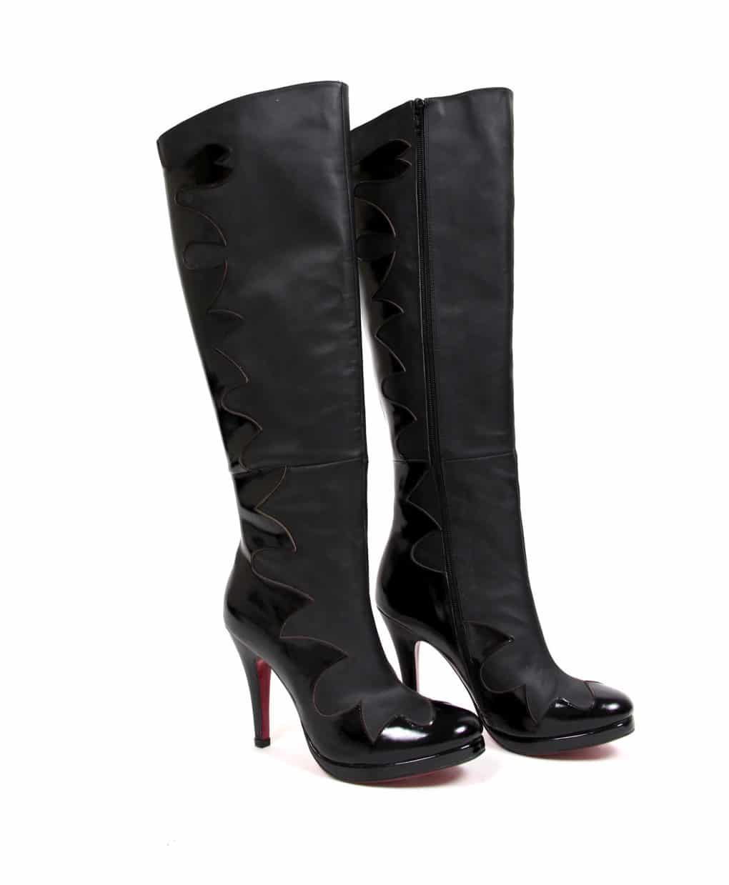 black patent knee high heeled boots