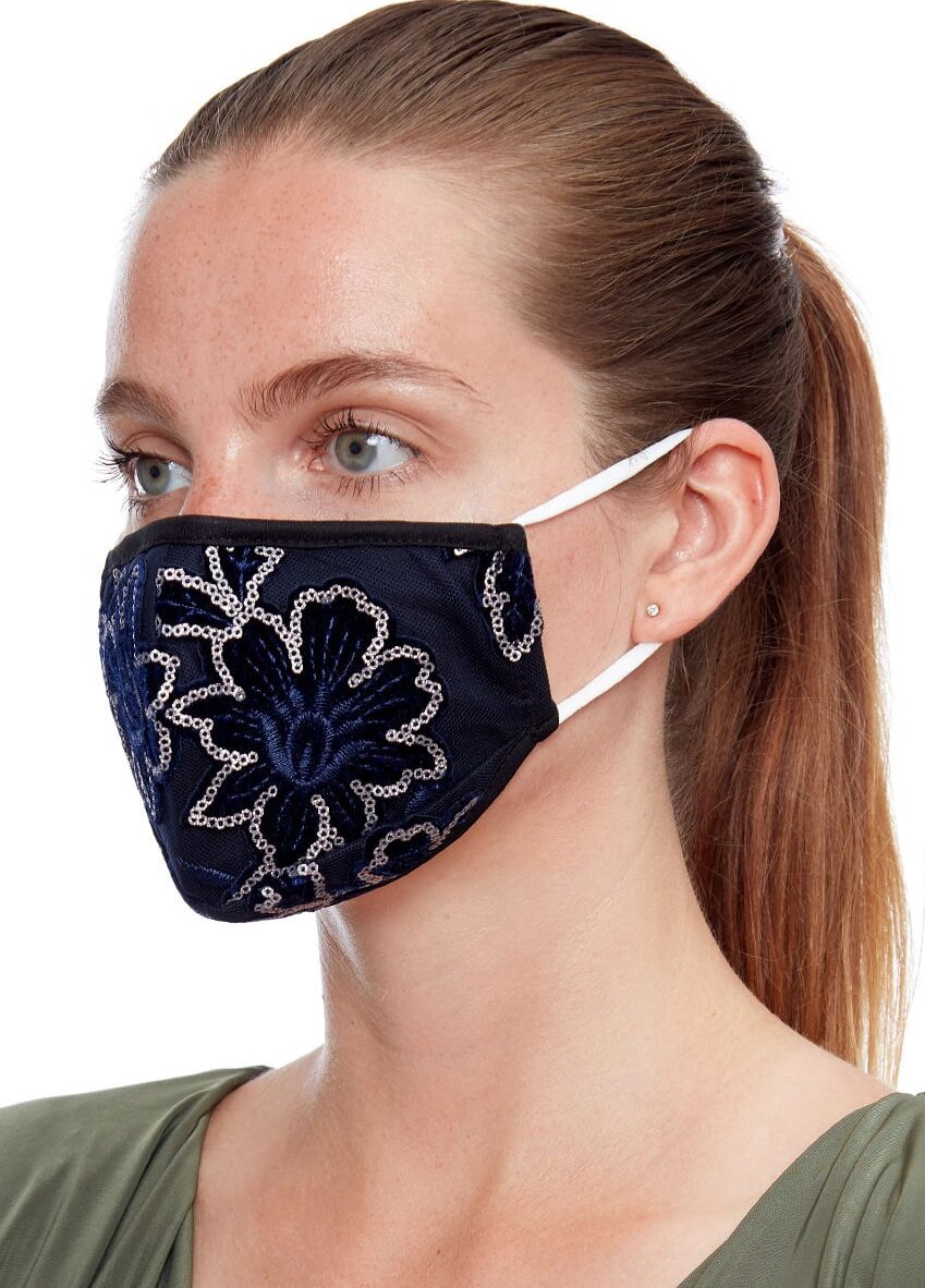 Navy-floral-sequin-face-mask-ladies-face-covering Alila