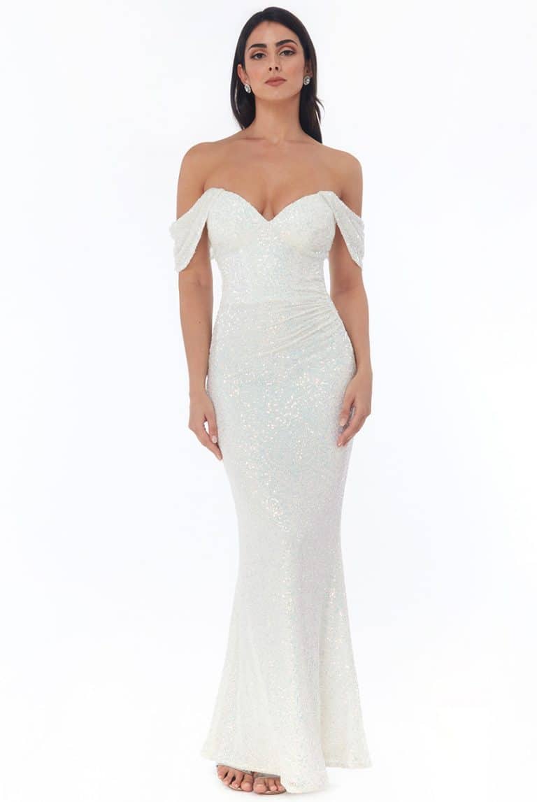 White Iridescent Sequin Off the Shoulder Gown - Alila