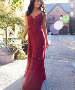 Hayley Paige Burgundy Chiffon Gown with Lace detail
