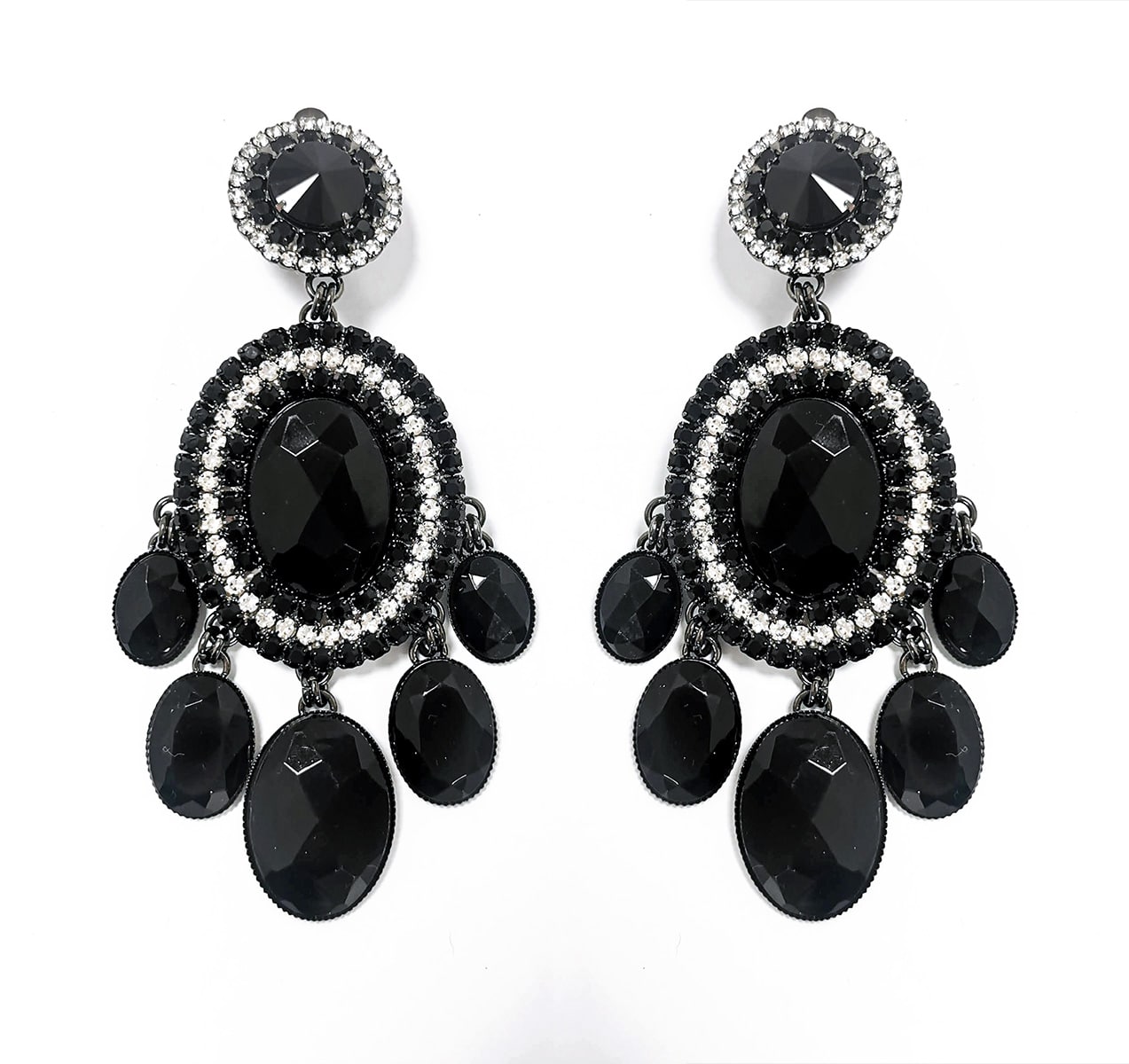 Large Black Crystal Clip On Earrings - Alila